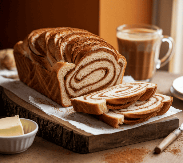 Sliced loaf of Thomas Cinnamon Swirl Bread on a cutting board, showing the cinnamon sugar swirls inside each soft slice.