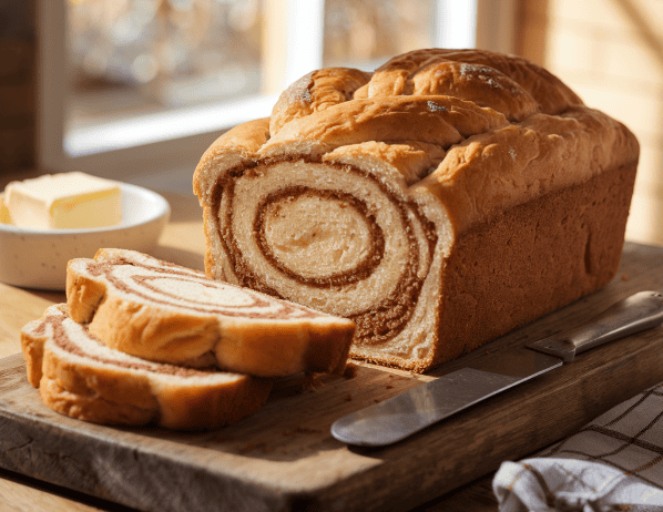 Sliced loaf of Joanna Gaines’ Cinnamon Swirl Bread on a wooden cutting board, showing cinnamon swirls inside each slice.