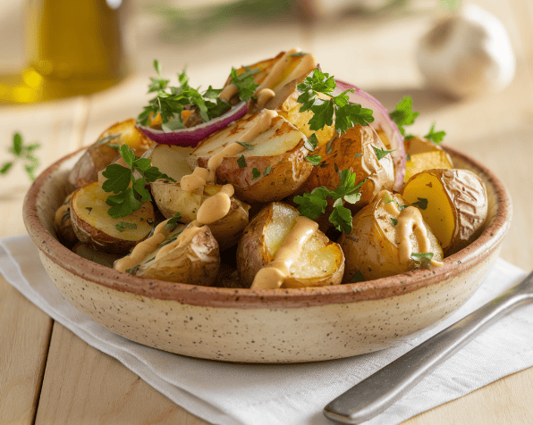 Rustic roasted potato salad with golden-brown crispy potatoes, red onions, and fresh parsley, drizzled with mustard vinaigrette.