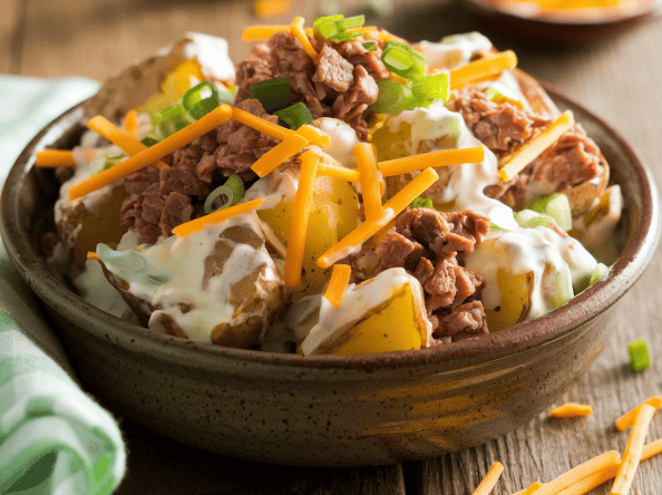 Baked potato salad with crispy beef, cheddar cheese, and green onions, served in a rustic ceramic bowl.