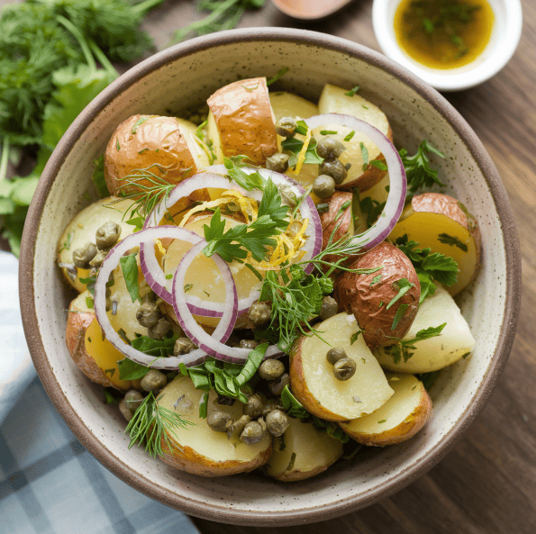 Roasted potato salad without mayo in a ceramic bowl, topped with fresh herbs and red onions.