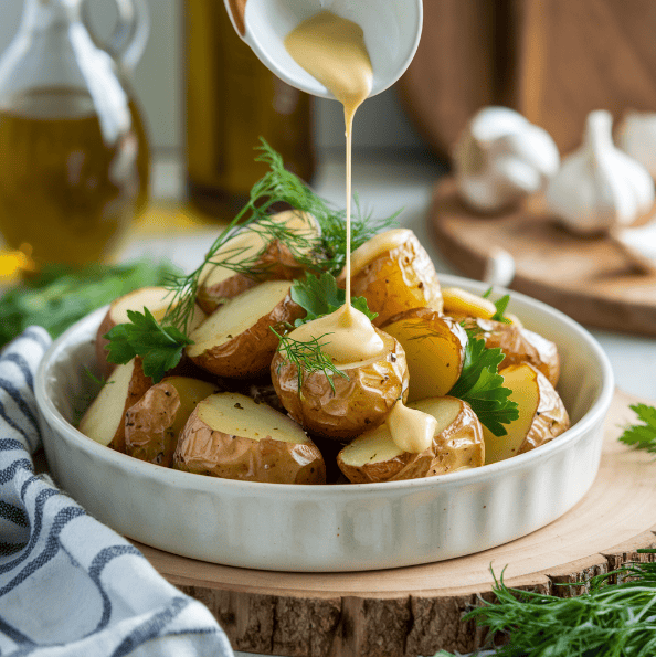 A vibrant roasted potato salad garnished with fresh herbs in a rustic kitchen.