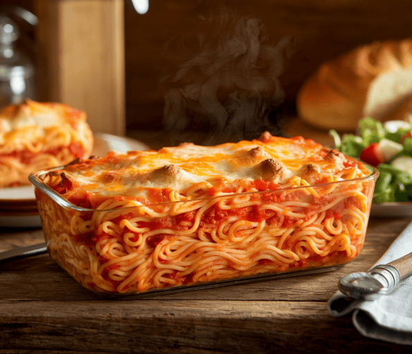 Freshly baked Spaghetti Casserole with layers of spaghetti, cheese, and tomato sauce in a rustic kitchen setting.