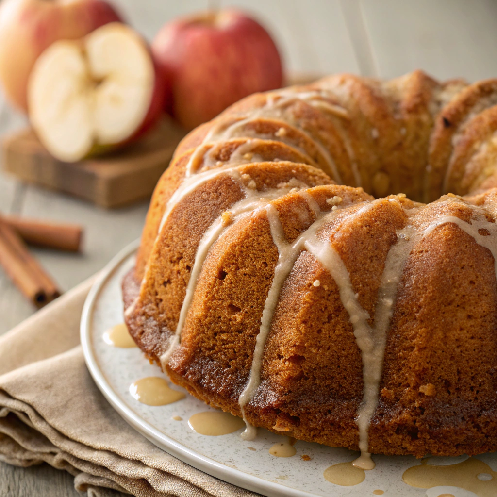 Close-up of a golden-brown apple bundt cake drizzled with glaze, showcasing its moist texture and intricate bundt shape.