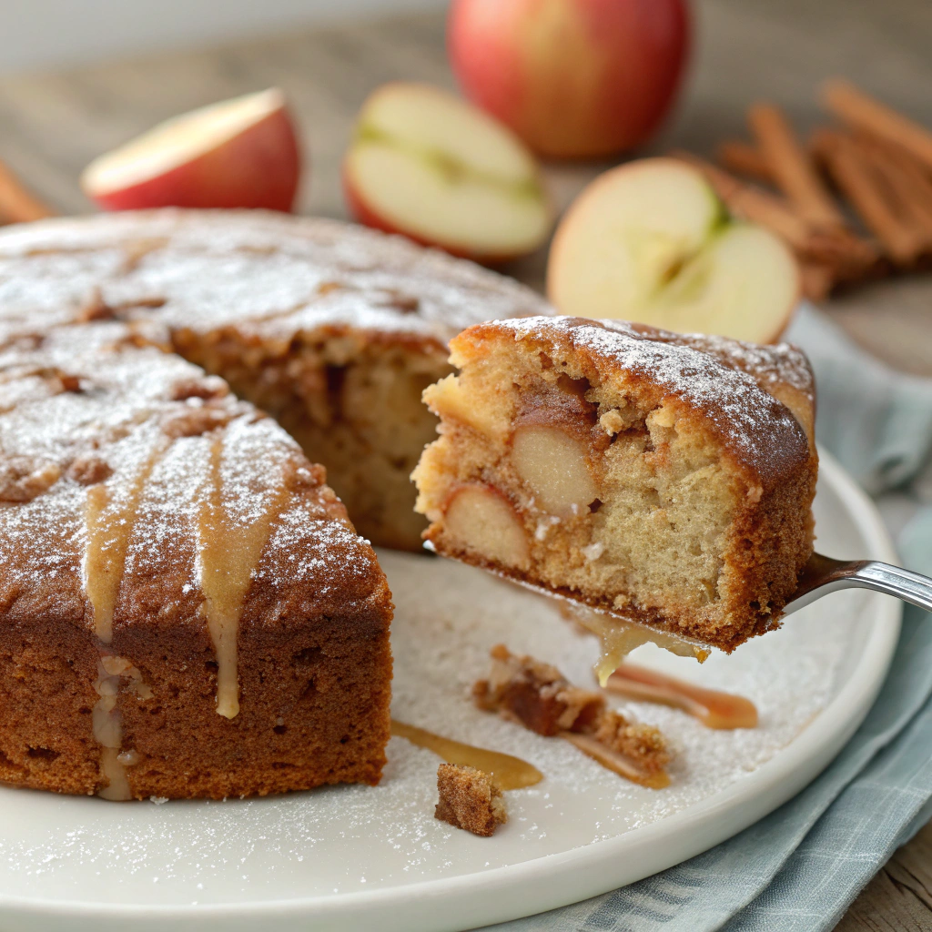 Close-up of a moist Blue Ribbon Apple Cake with visible apple chunks, dusted with powdered sugar and drizzled with caramel.