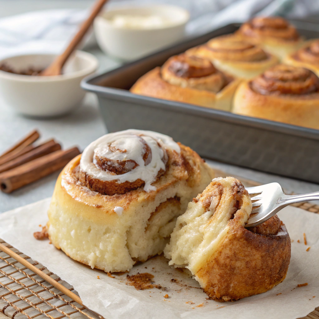 Close-up of a freshly baked cinnamon roll with gooey cinnamon filling and drizzled vanilla glaze.