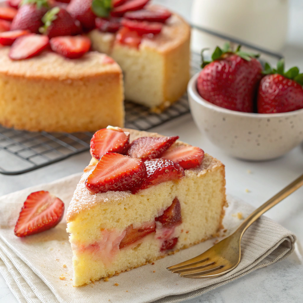 Close-up of a freshly baked strawberry cake with a fluffy texture, topped with fresh strawberries.