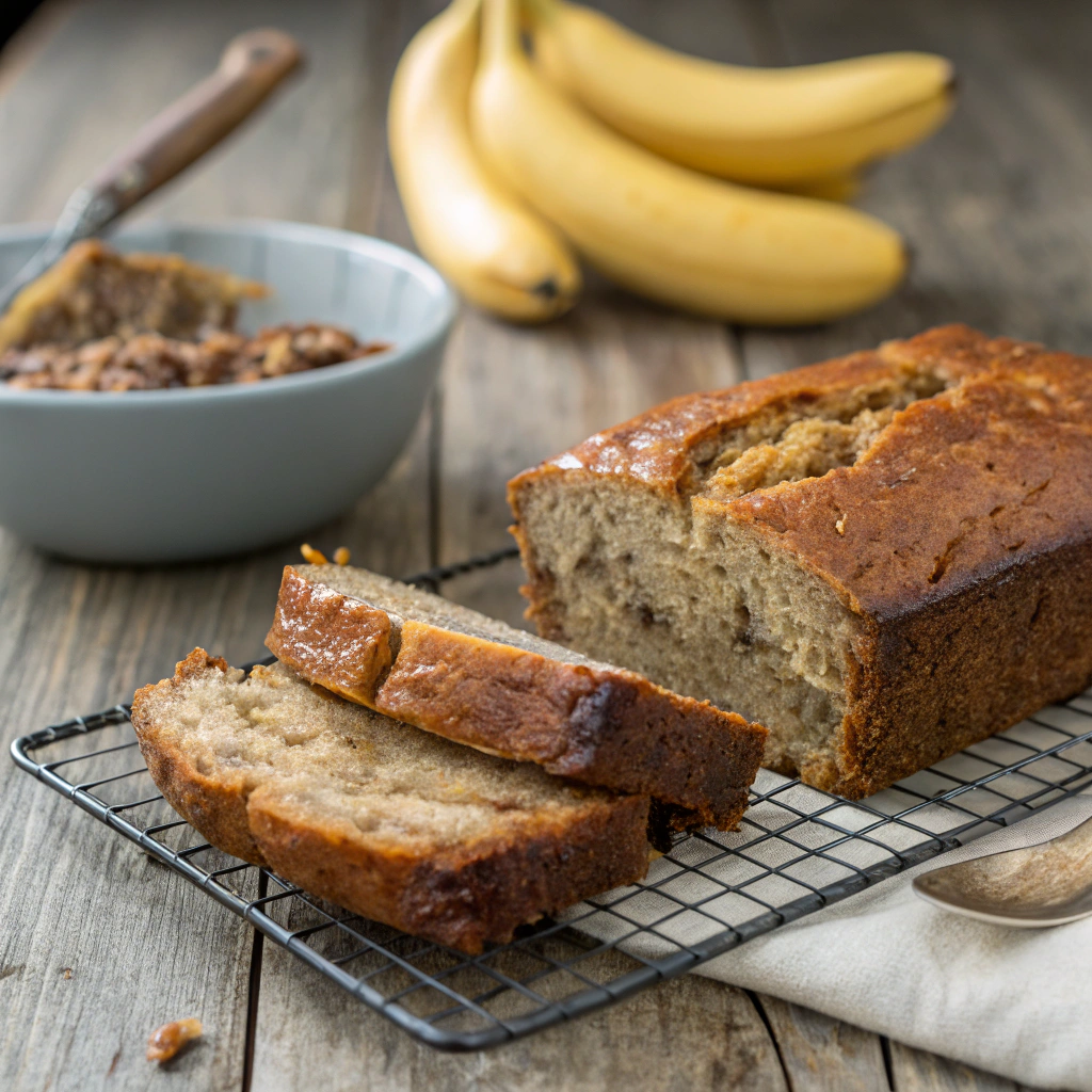 A close-up of a rubbery banana loaf with a dense texture, contrasting with a properly baked loaf in the background.