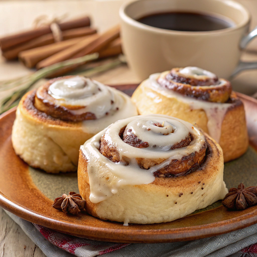 Close-up of warm cinnamon rolls with rich cinnamon swirls and creamy vanilla frosting.