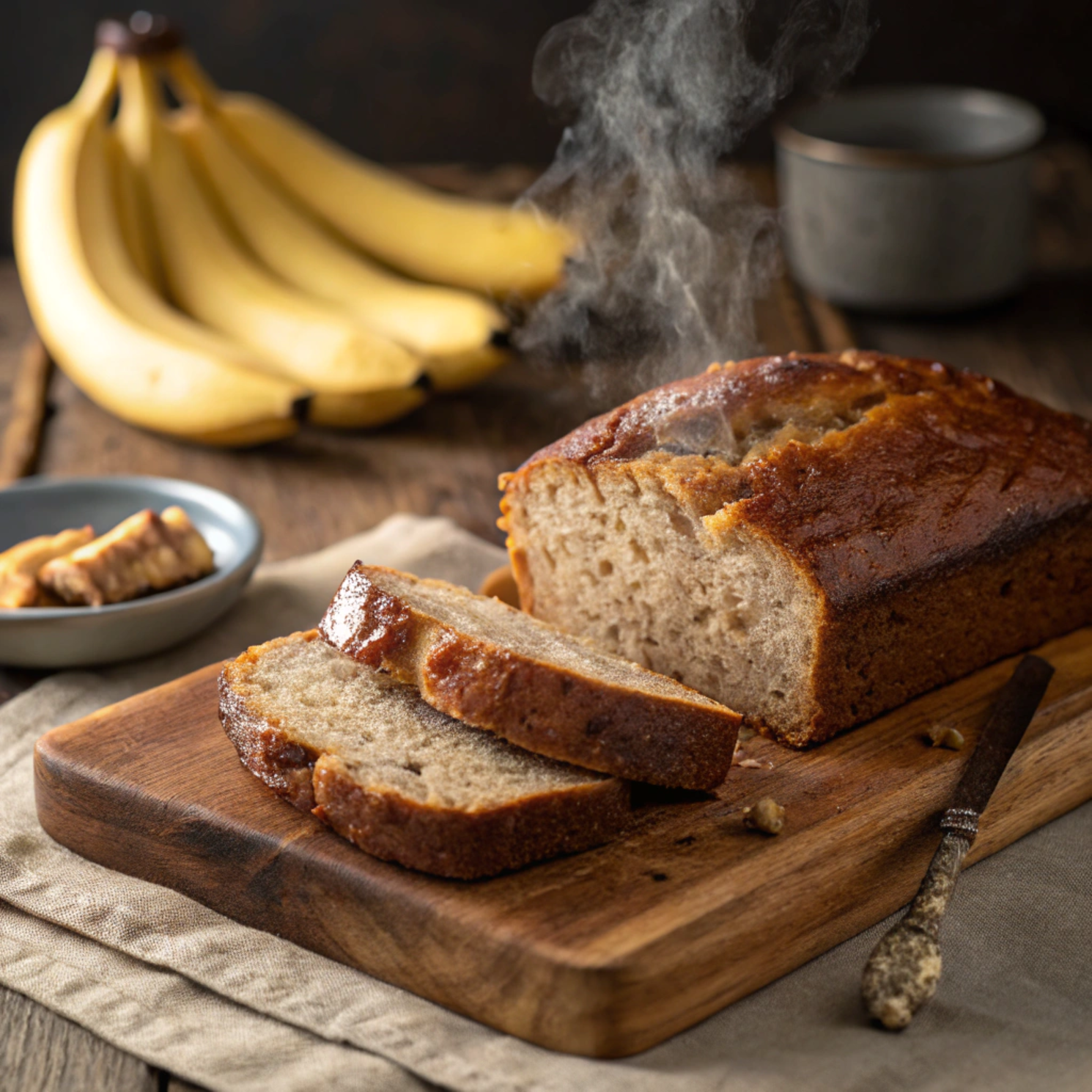How do you keep banana loaf moist? Freshly baked moist banana bread slices on a wooden board with a soft, tender texture and golden crust.