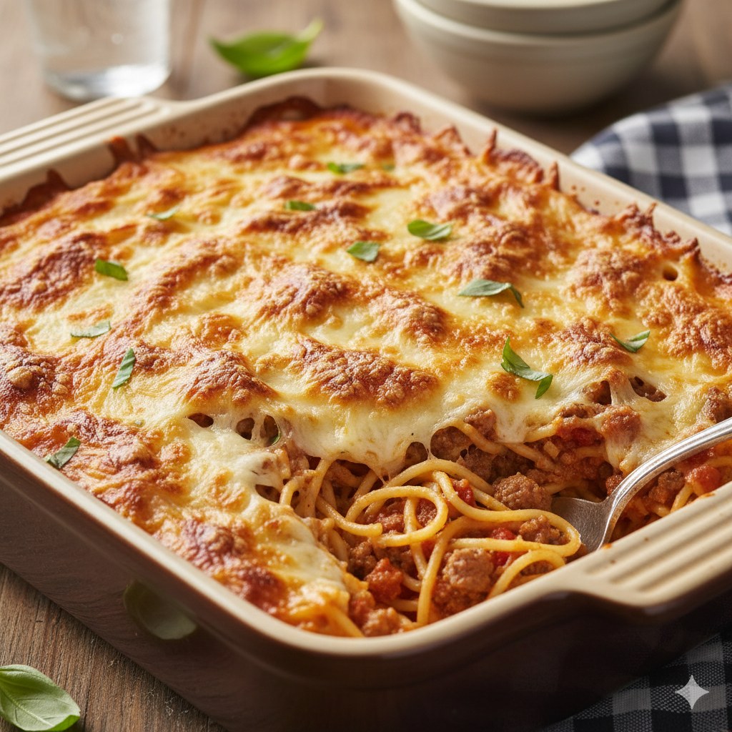 Baked Cream Cheese Spaghetti Close-up of creamy baked spaghetti topped with melted cheese, served in a casserole dish