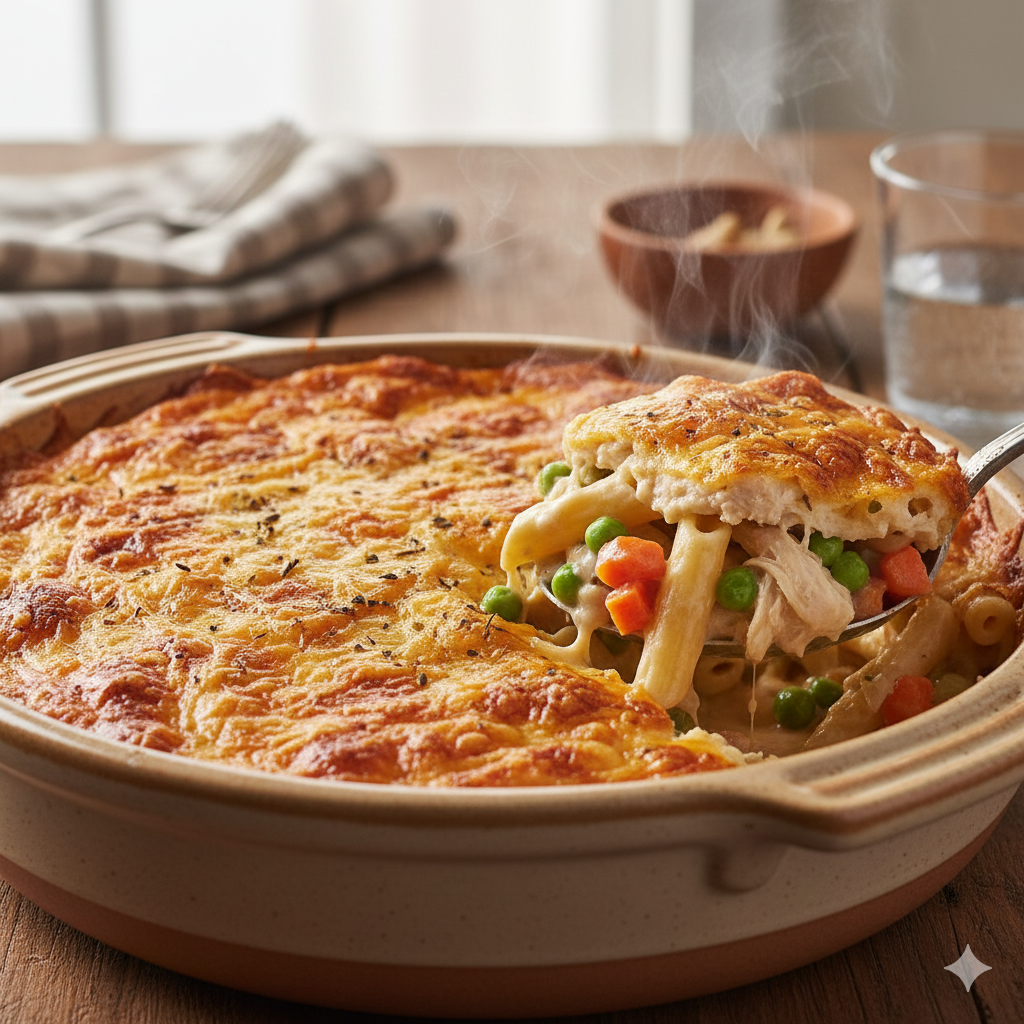 Chicken Spaghetti Casserole Close-up of a cheesy baked chicken and pasta casserole with golden crispy parmesan topping, tender spaghetti, and creamy sauce with shredded chicken, served hot and bubbly.