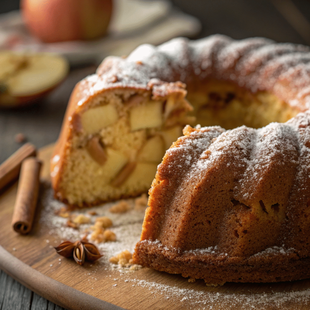 Moist homemade apple bundt cake with golden crust and apple pieces