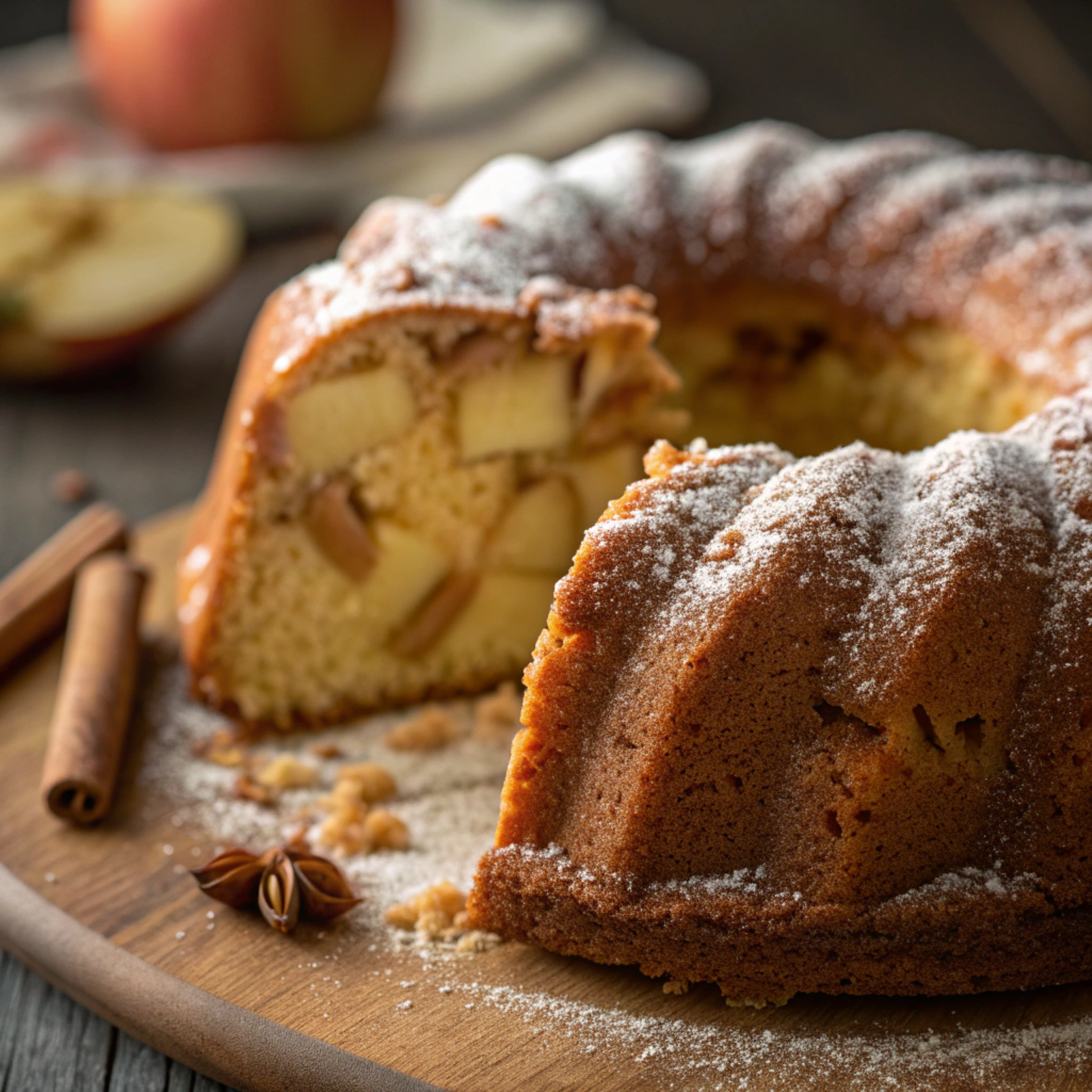 Moist homemade apple bundt cake with golden crust and apple pieces