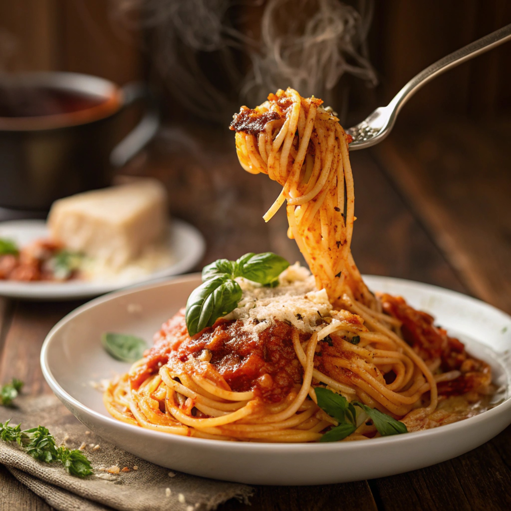 Baked spaghetti served on a white plate with melted cheese and tomato sauce