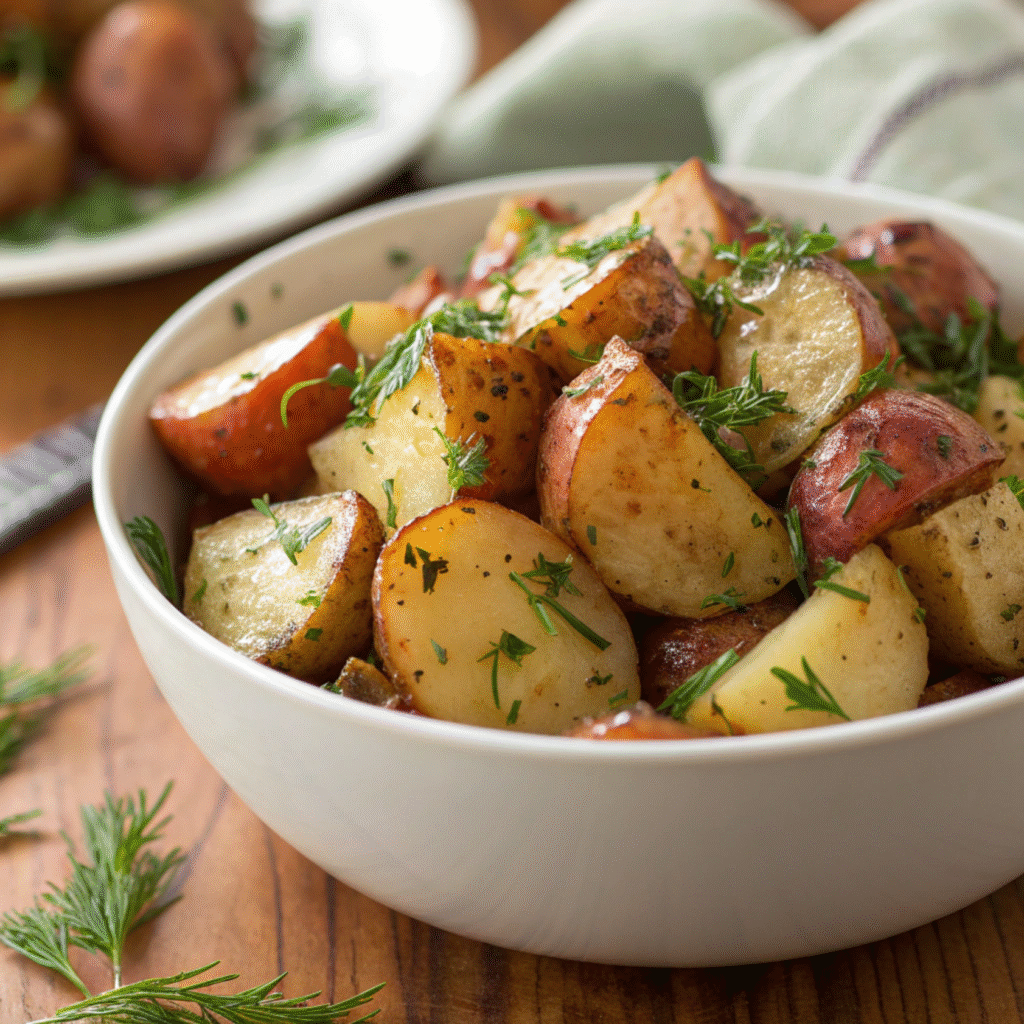 Roasted potato salad with Dijon dressing and fresh herbs inspired by Ina Garten