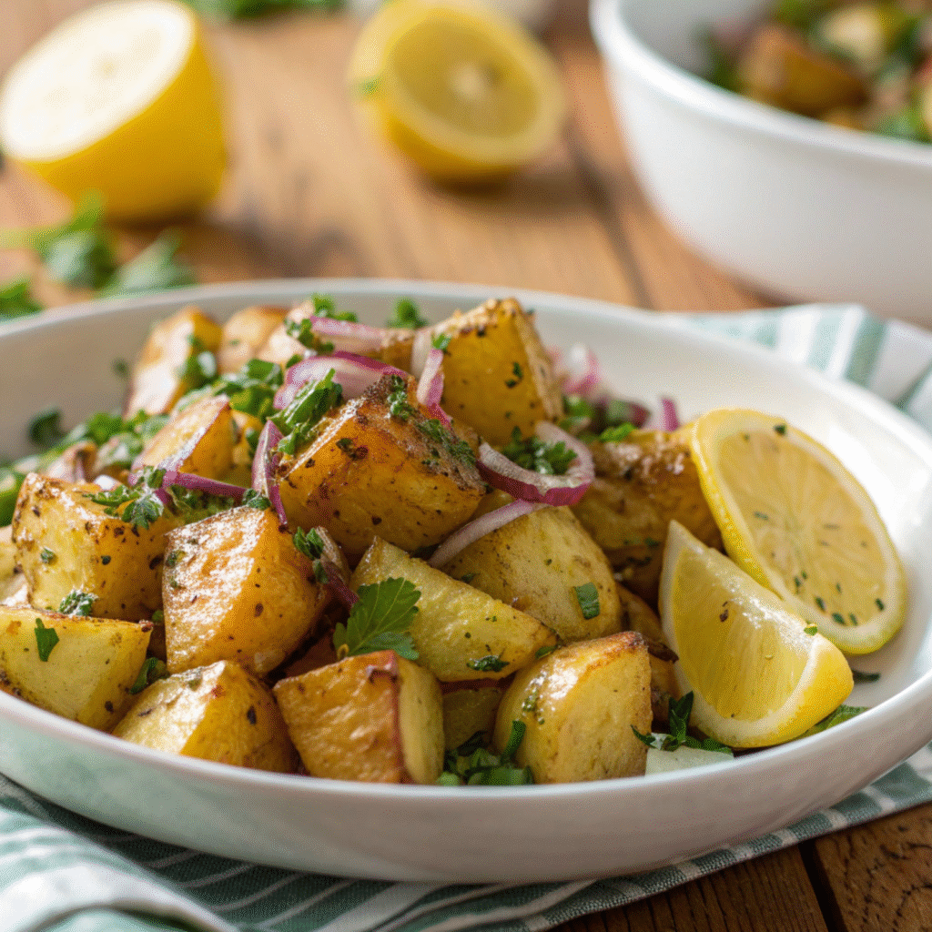 Roasted potato salad with herbs and Dijon vinaigrette on a white plate