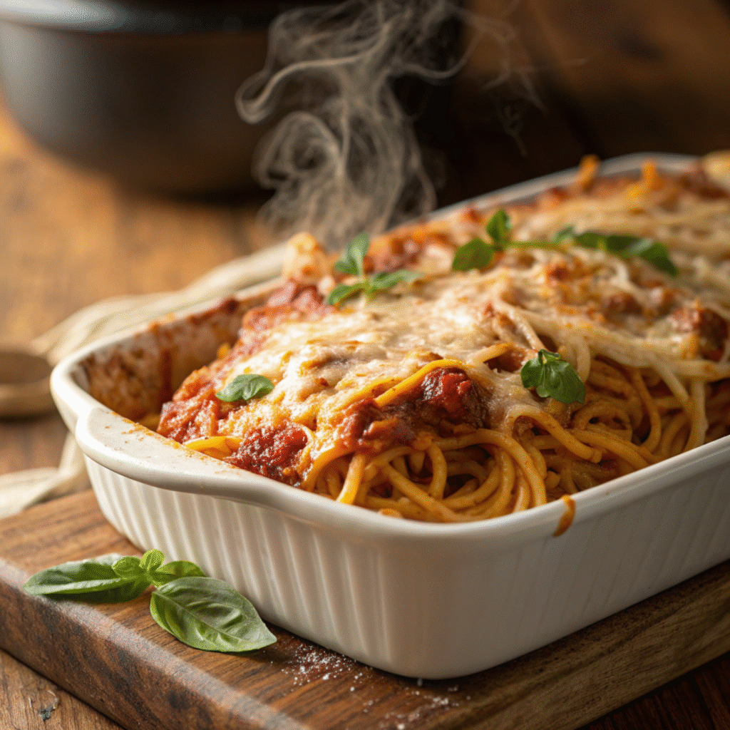 Spaghetti casserole with melted cheese and rich tomato meat sauce in a white baking dish