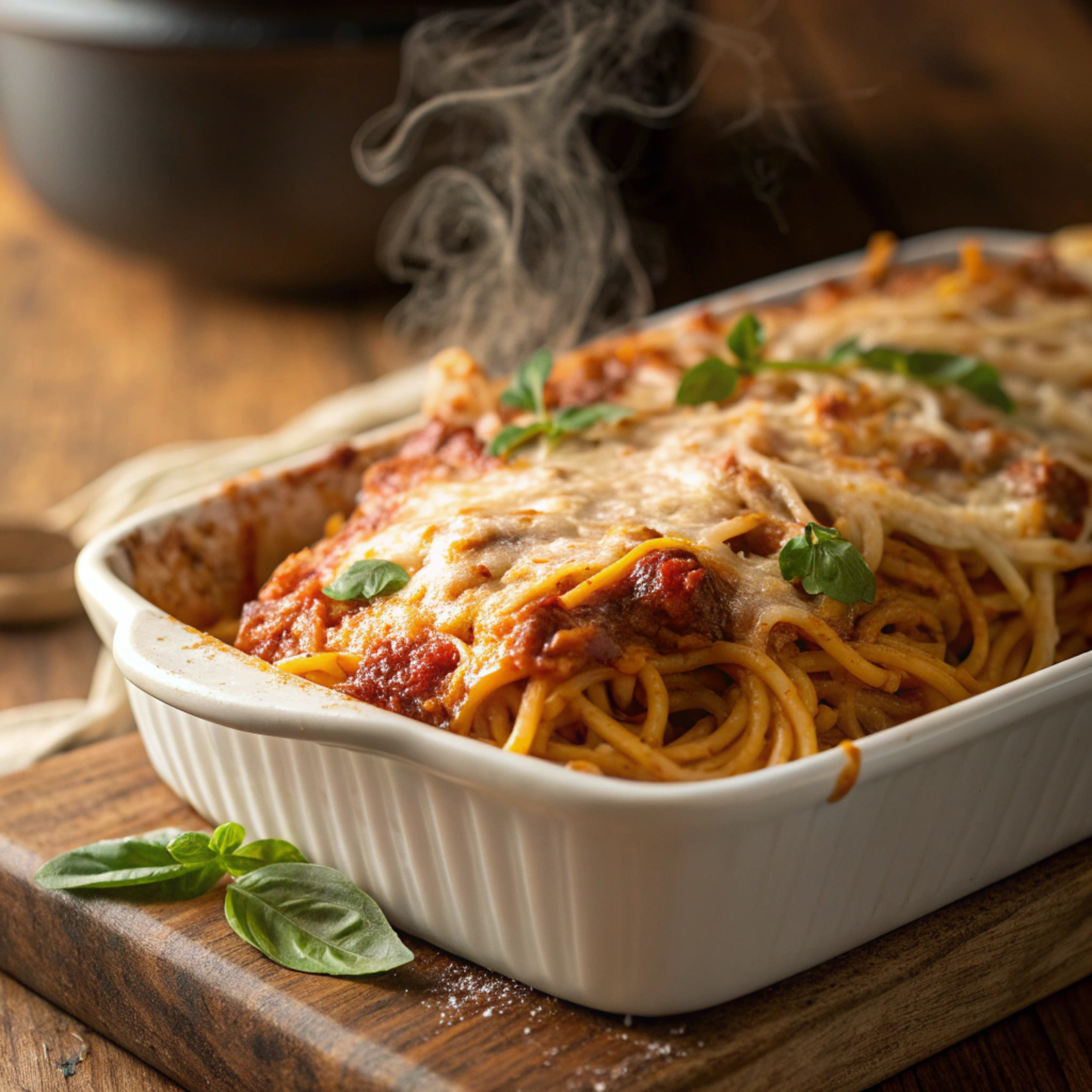 Spaghetti casserole with melted cheese and rich tomato meat sauce in a white baking dish