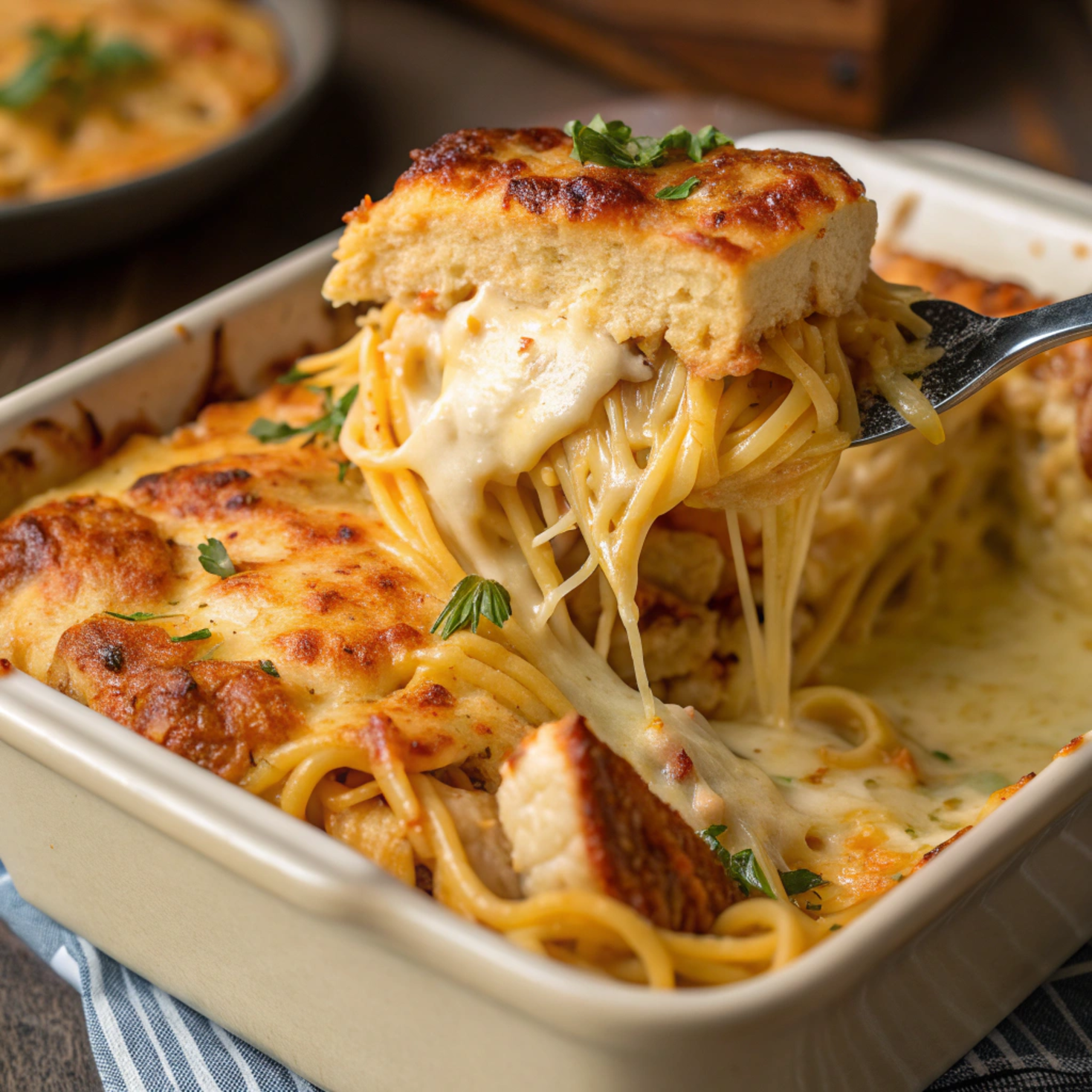 Close-up of a cheesy baked chicken and pasta casserole with golden crispy parmesan topping, tender spaghetti, and creamy sauce with shredded chicken, served hot and bubbly.