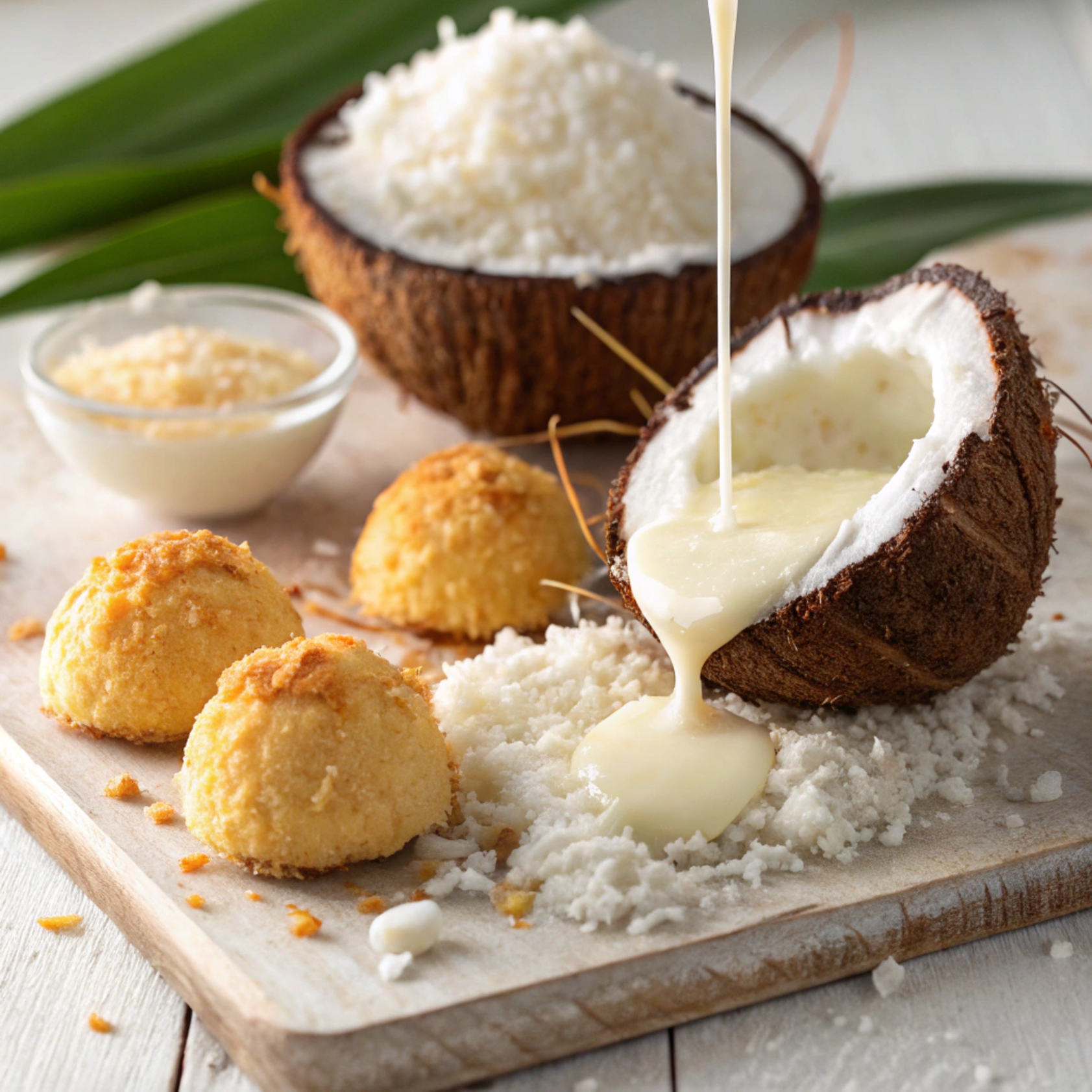 Recipes with Coconut Close-up of fresh coconut halves with creamy coconut milk, shredded coconut, and coconut desserts under bright tropical lighting.