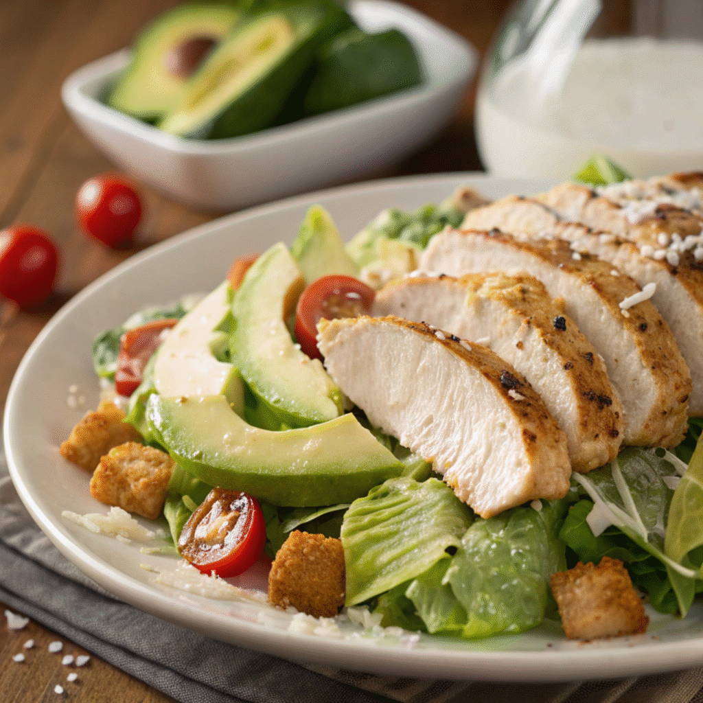Chicken Caesar Salad with grilled chicken, romaine lettuce, croutons, avocado, and Parmesan cheese topped with Caesar dressing.