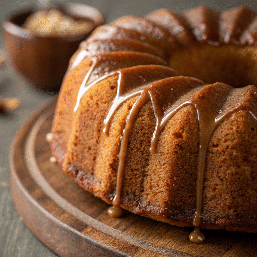 Close-up of a moist apple Bundt cake with a golden-brown crust and glossy brown sugar glaze dripping over smooth ridges, captured in warm studio light.