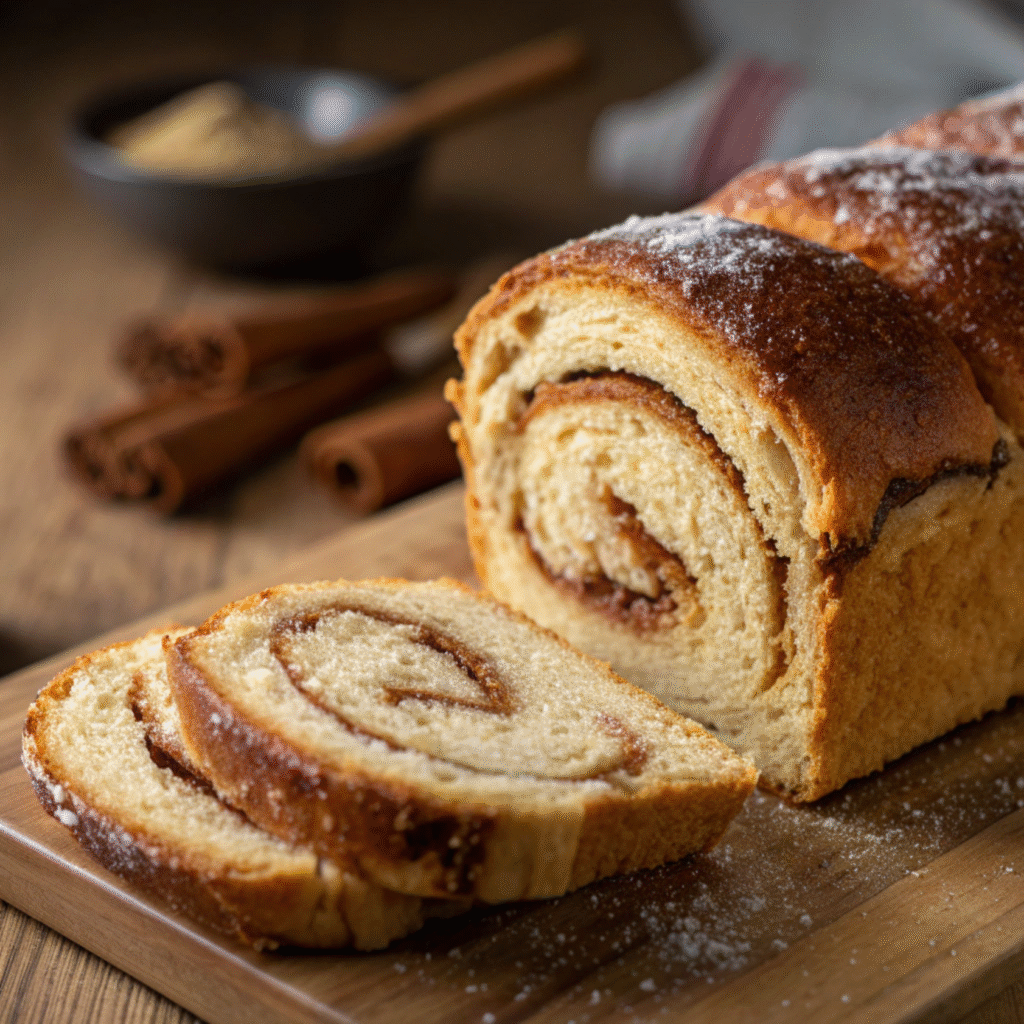 Close-up of sliced cinnamon swirl bread showing soft layers, golden crust, and gooey cinnamon filling under warm lighting.