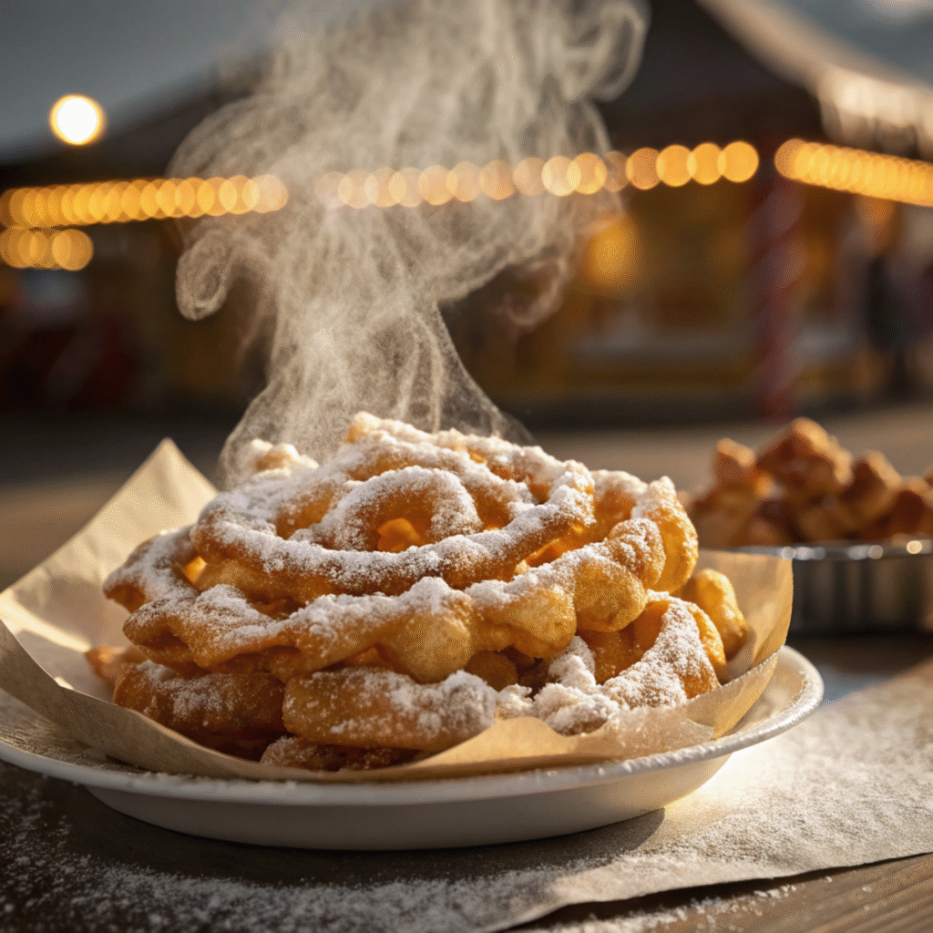 Close-up shot of a golden funnel cake dusted with powdered sugar, served on a rustic plate.
