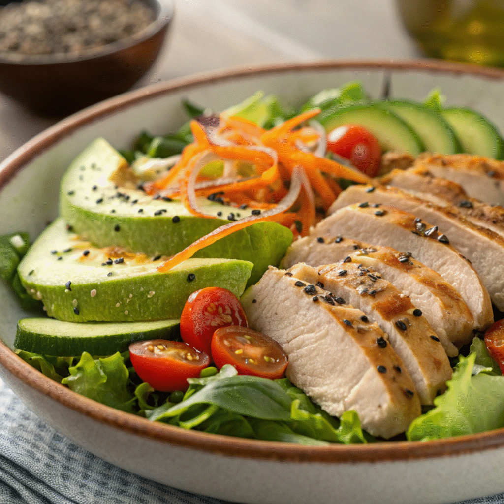 Ultra close-up of healthy chicken salad with grilled chicken, fresh vegetables, and olive oil drizzle in a macro-style shot.