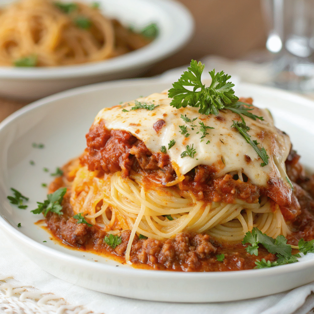 Fork lifting cheesy baked spaghetti with melted cheddar and Monterey Jack, rich tomato sauce, and fresh parsley garnish on a white plate.