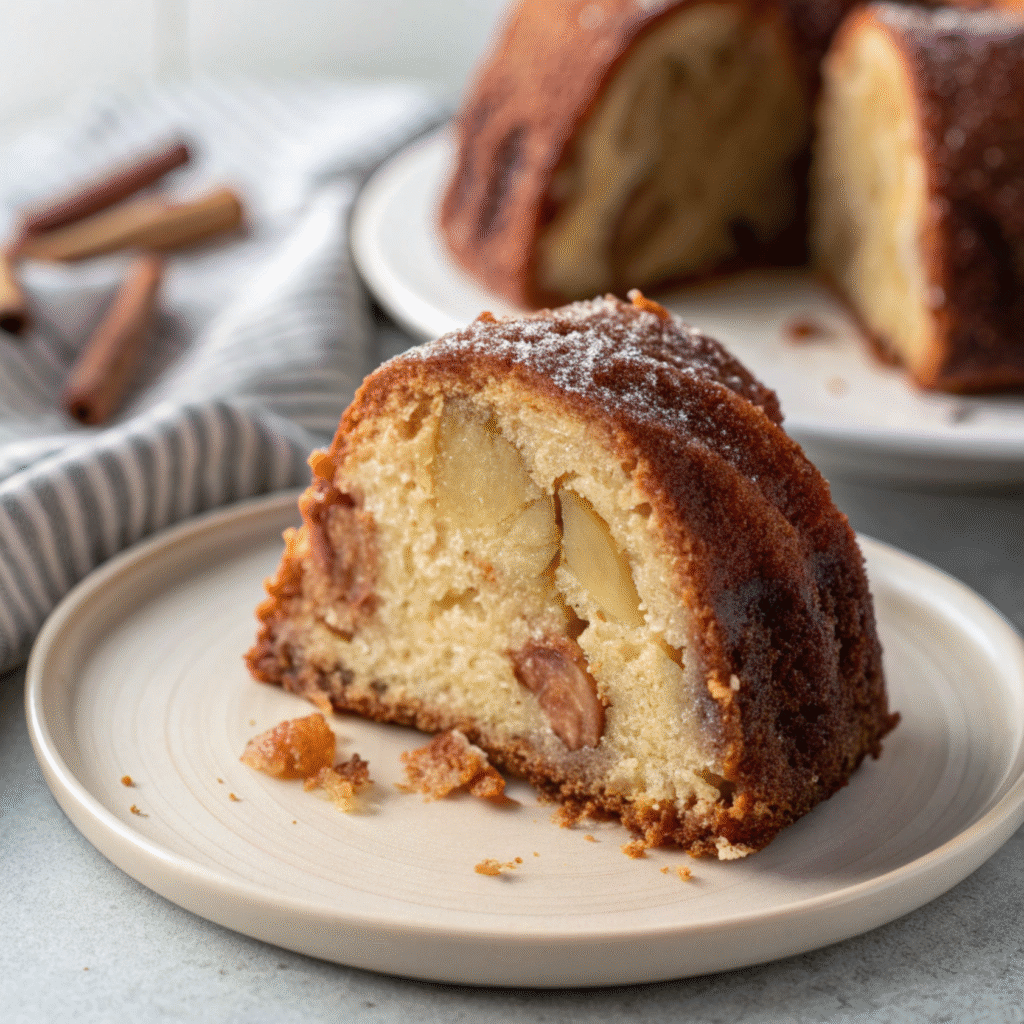 Close-up of a single moist apple bundt cake slice showing golden crust, soft apple pieces, and cinnamon swirls on a clean plate.
