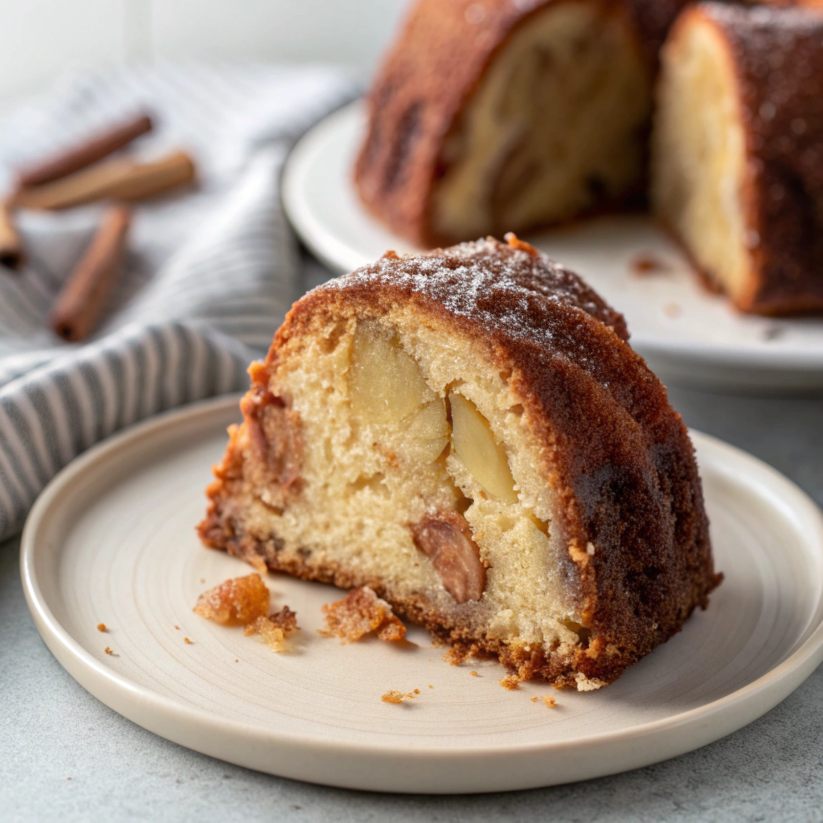 Close-up of a single moist apple bundt cake slice showing golden crust, soft apple pieces, and cinnamon swirls on a clean plate.