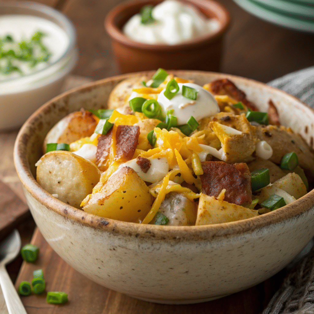 Baked potato salad with melted cheddar cheese, crispy beef, sour cream, and green onions served in a rustic bowl.