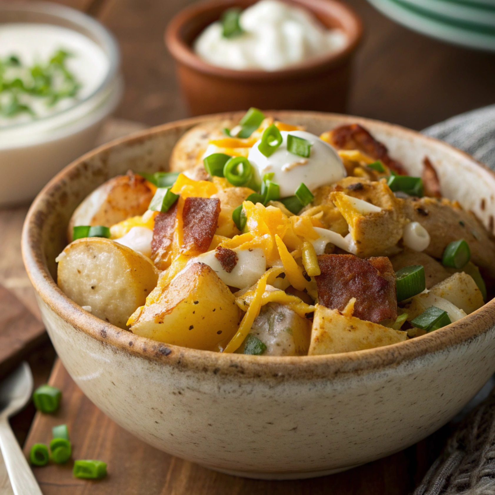 Baked potato salad with melted cheddar cheese, crispy beef, sour cream, and green onions served in a rustic bowl.