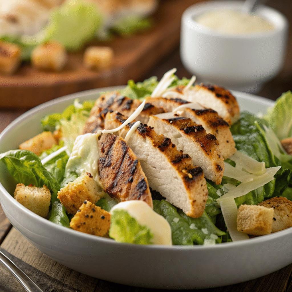 Extreme close-up of Chicken Caesar Salad featuring juicy grilled chicken, crispy romaine lettuce, crunchy croutons, shaved parmesan, and Caesar dressing in ultra-realistic detail.
