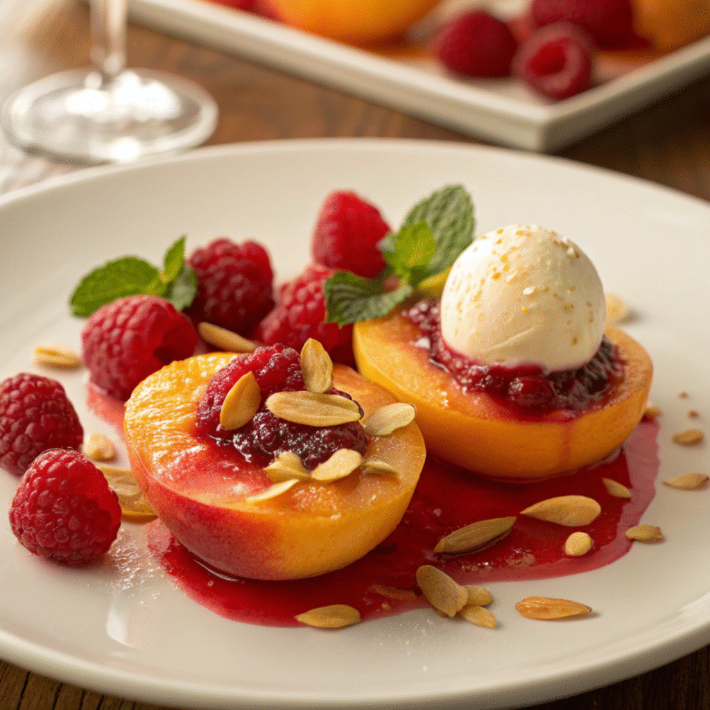 Close-up of Peach Melba dessert with poached peaches topped with raspberry sauce, fresh raspberries, almonds, and vanilla ice cream.