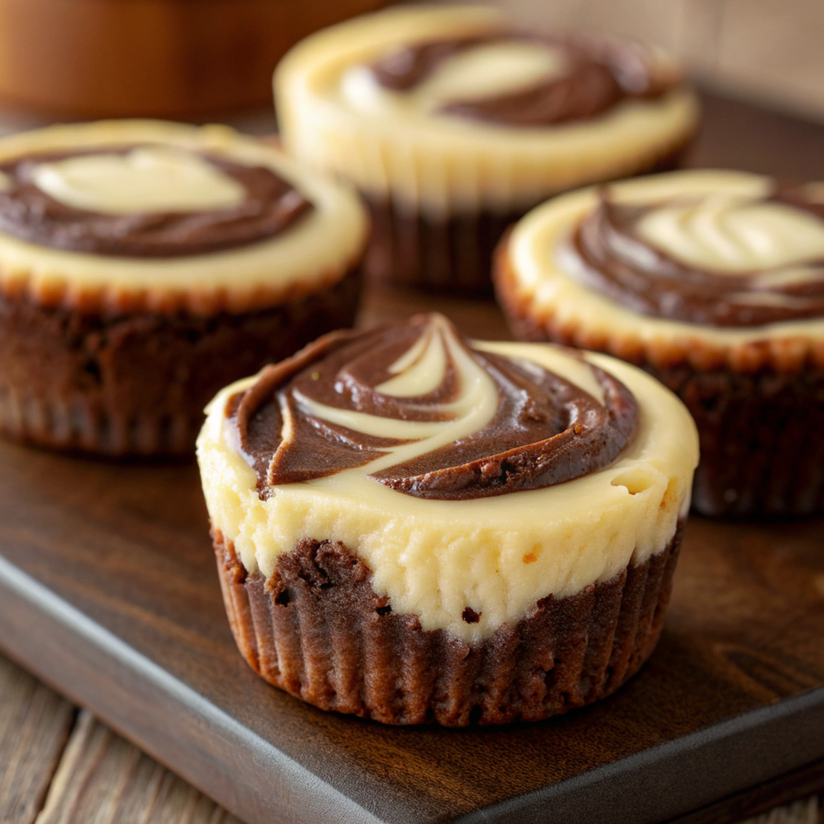 Close-up of rich brownie cheesecake cupcakes with fudgy chocolate bases and smooth creamy cheesecake tops, baked to golden perfection under warm light.