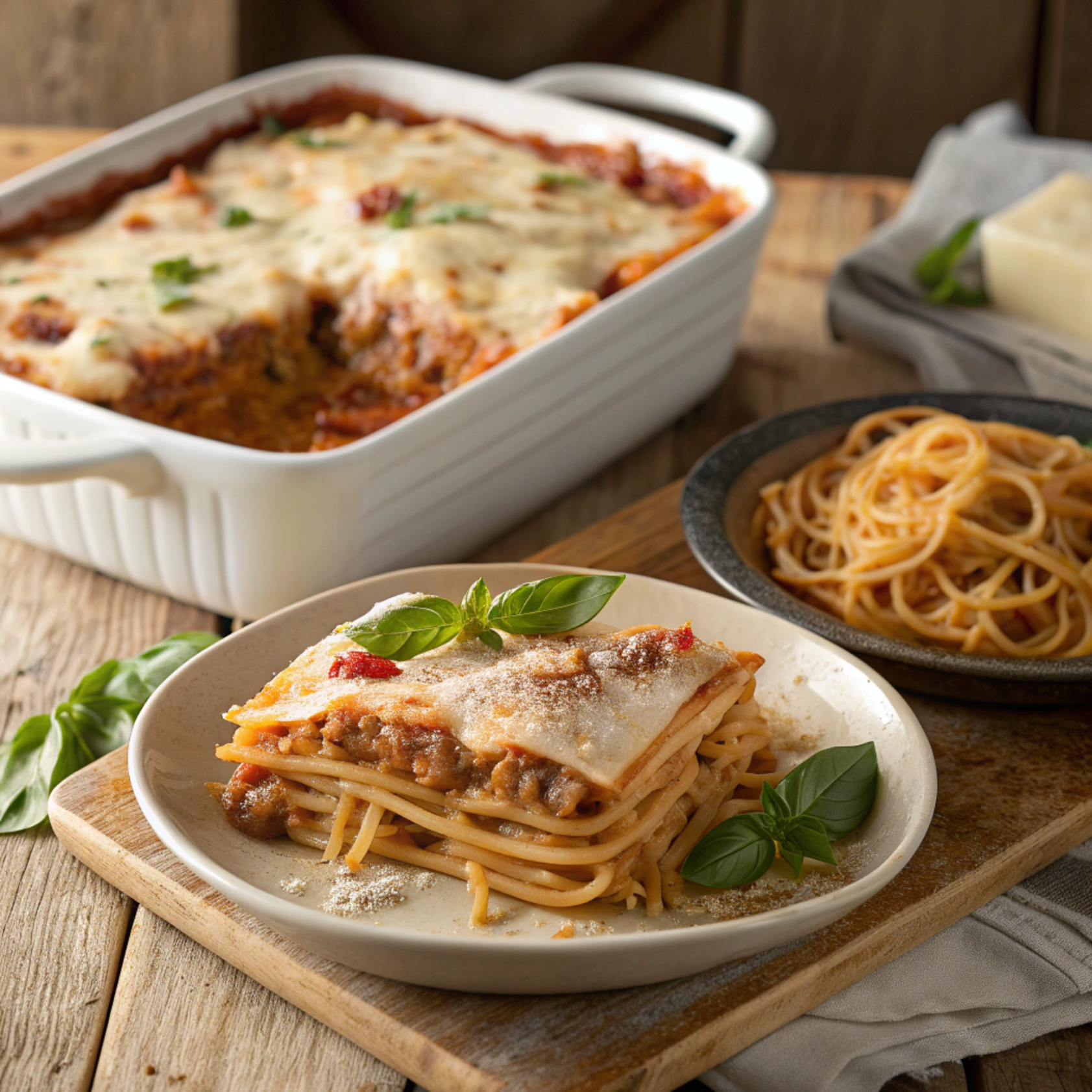 Is Baked Spaghetti the Same as Lasagna? Baked spaghetti and lasagna side by side showcasing their layers and textures