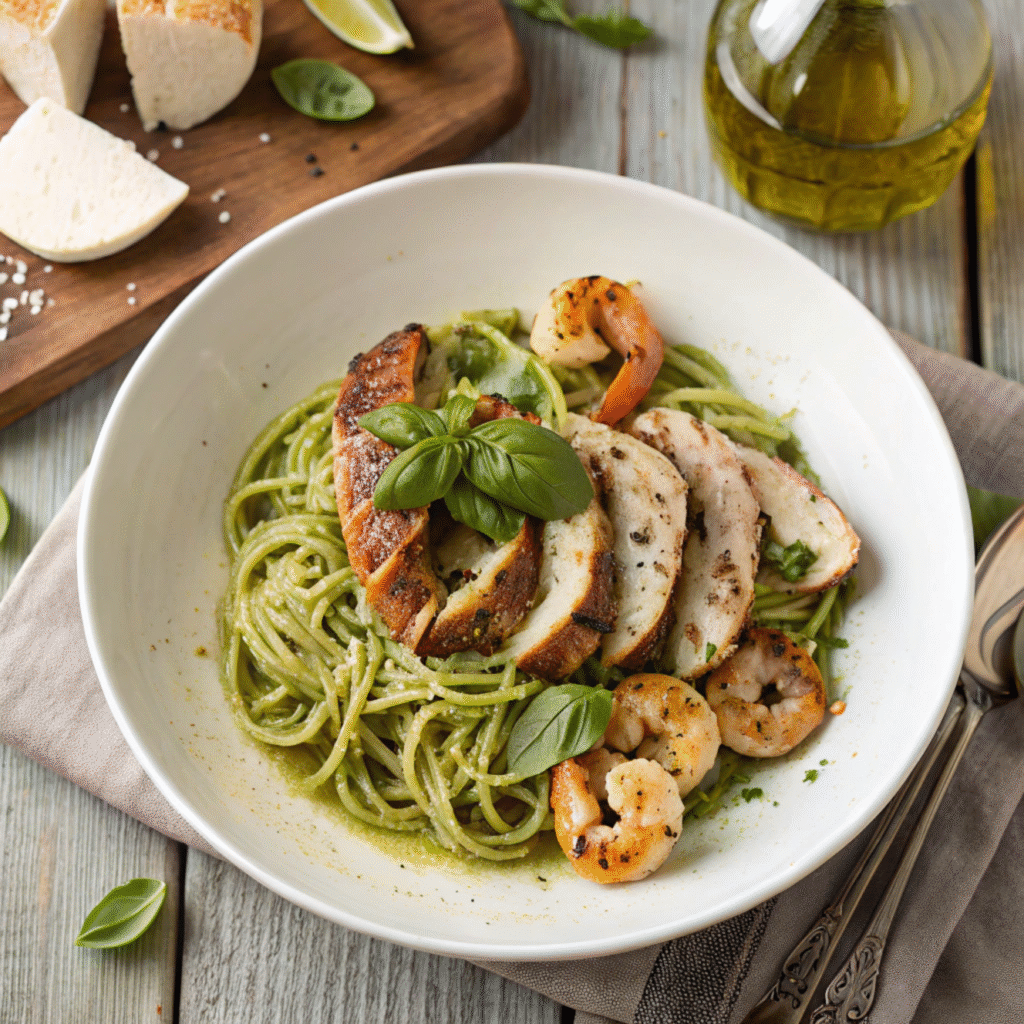 What meat goes with pesto spaghetti served with grilled chicken and fresh basil on a white plate