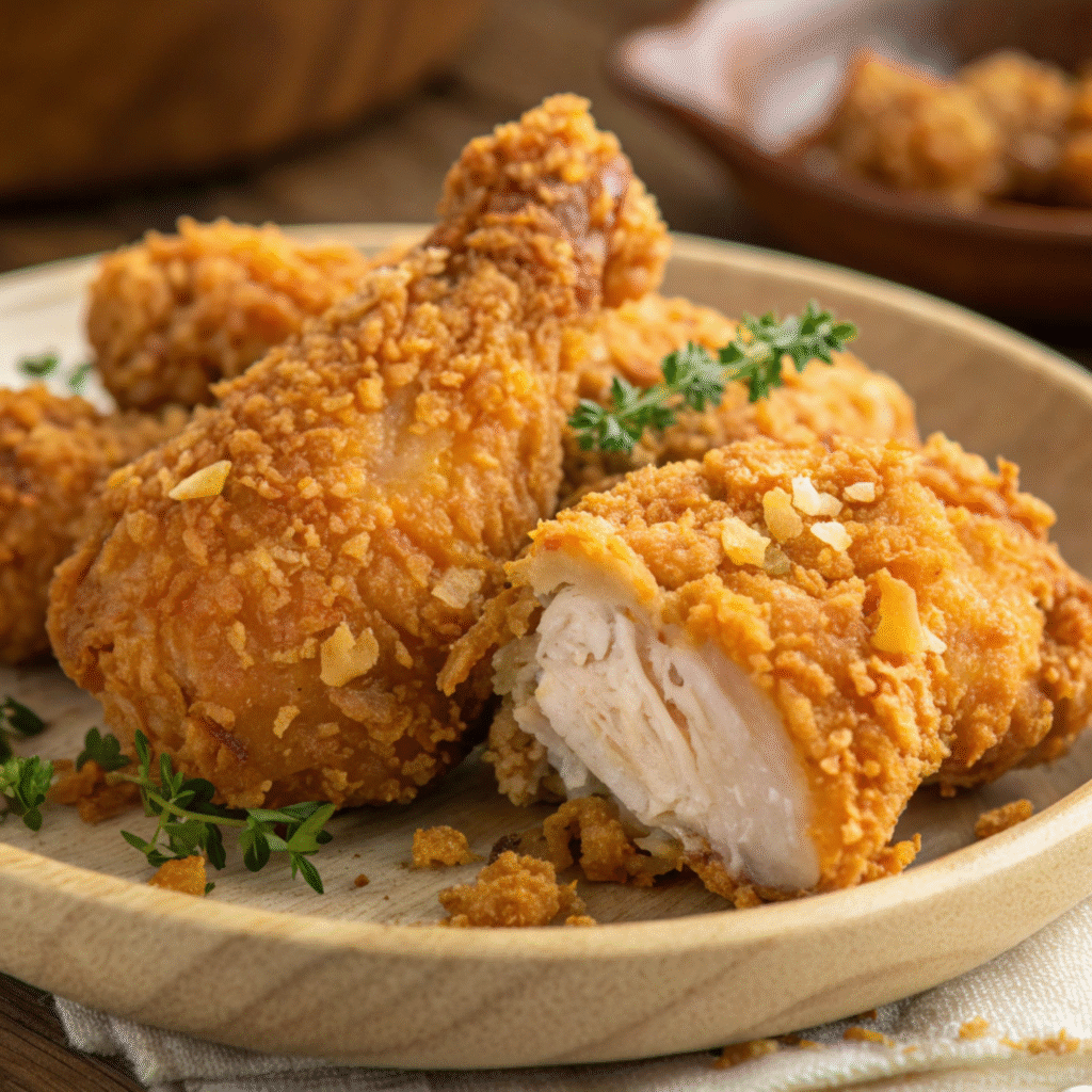 Cornflake Fried Chicken served with mashed potatoes, coleslaw, and a honey mustard dipping sauce
