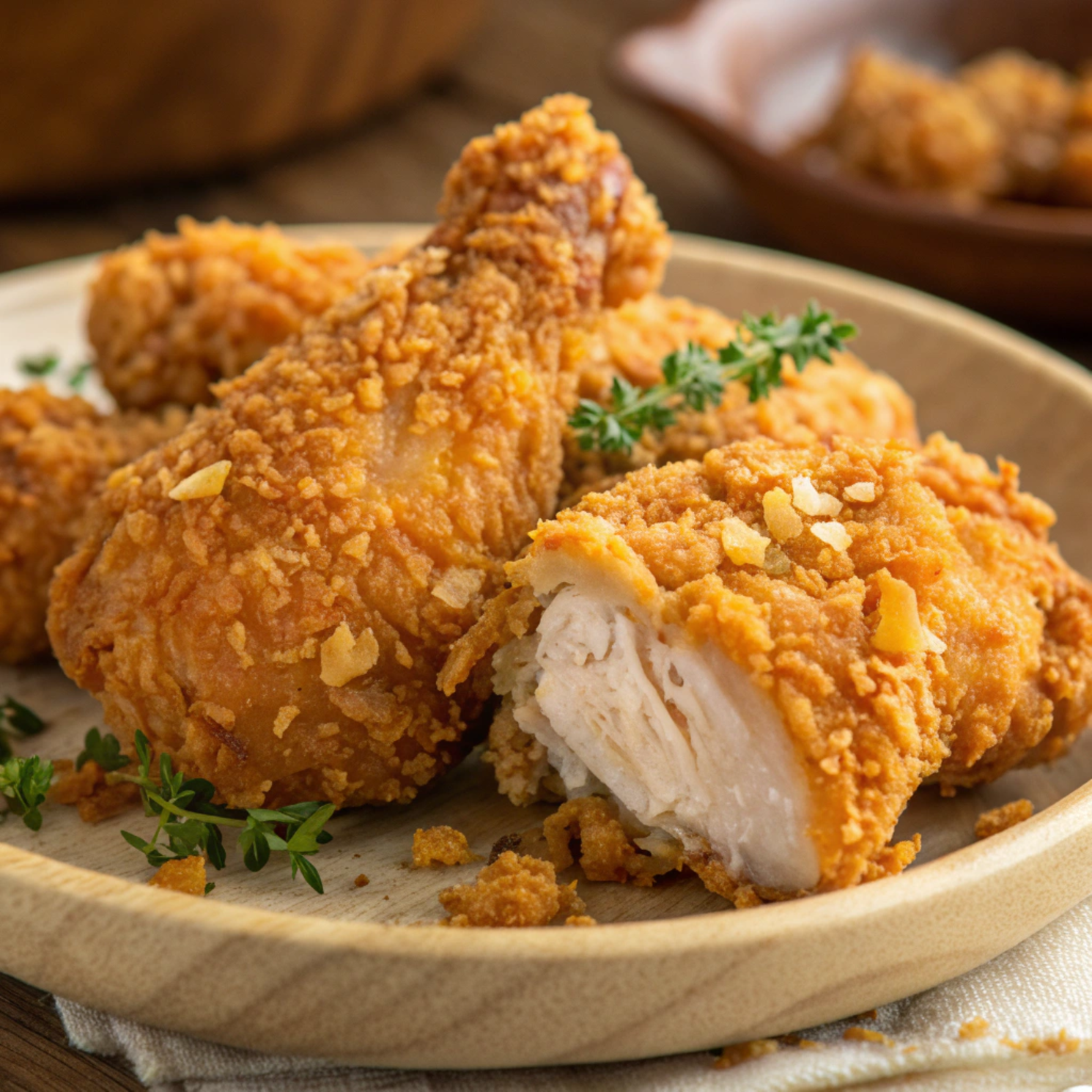Cornflake Fried Chicken served with mashed potatoes, coleslaw, and a honey mustard dipping sauce