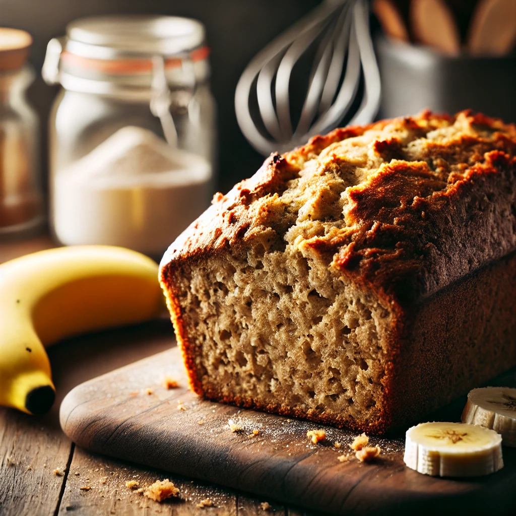 A close-up of a freshly baked banana bread loaf with a slightly crumbled texture. The bread sits on a wooden cutting board with banana slices scattered around. In the background, kitchen utensils like a whisk and flour jar provide a cozy kitchen atmosphere. Title: "Freshly Baked Crumbled Banana Bread on Cutting Board"