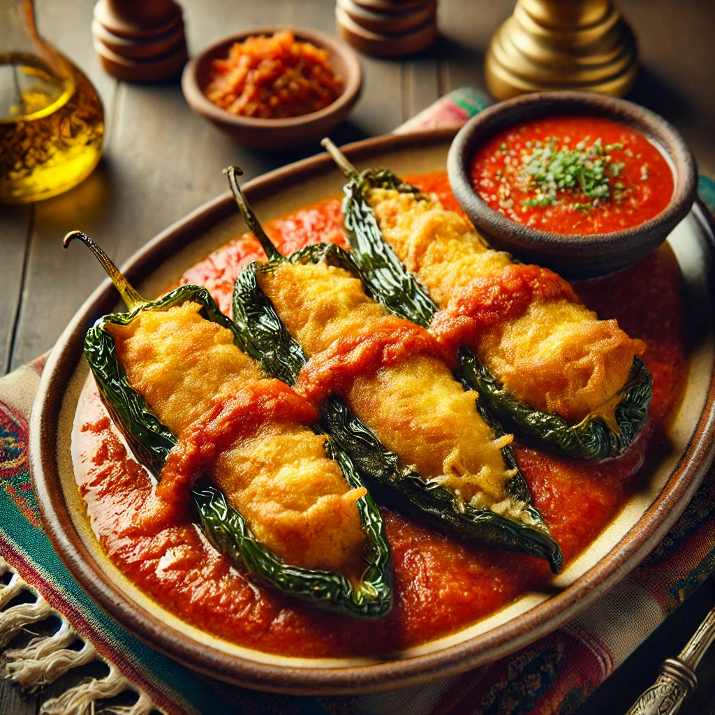 A plate of authentic Mexican Chile Rellenos stuffed with cheese, fried in egg batter, and topped with tomato sauce