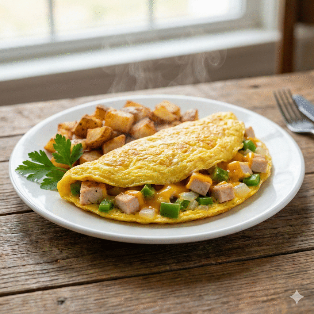 Close-up of a Denver Omelet with chicken, bell peppers, onions, and melted cheese.