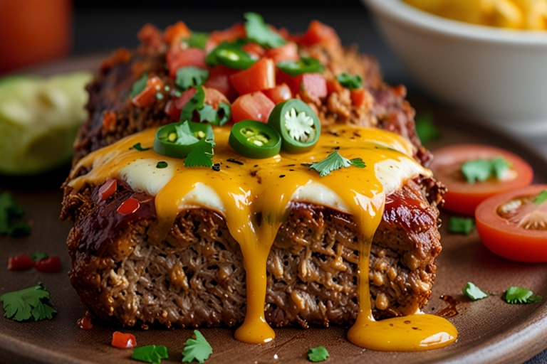 Close-up of Mexican Taco Meatloaf topped with melted cheddar cheese and fresh salsa.