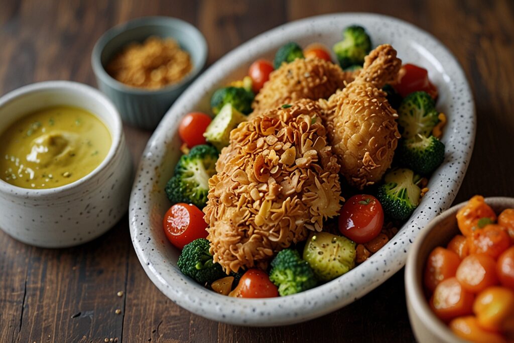 Crispy cornflake-crusted chicken with roasted vegetables and dipping sauces