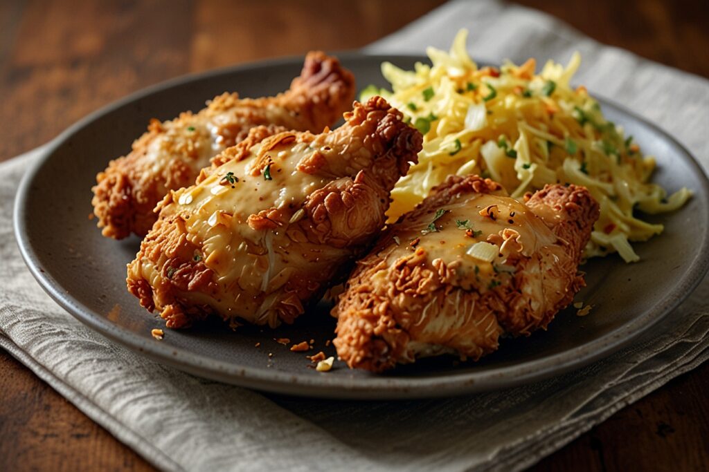 Golden-brown crispy chicken coated with cornflakes, served with mashed potatoes, coleslaw, and a honey mustard dipping sauce