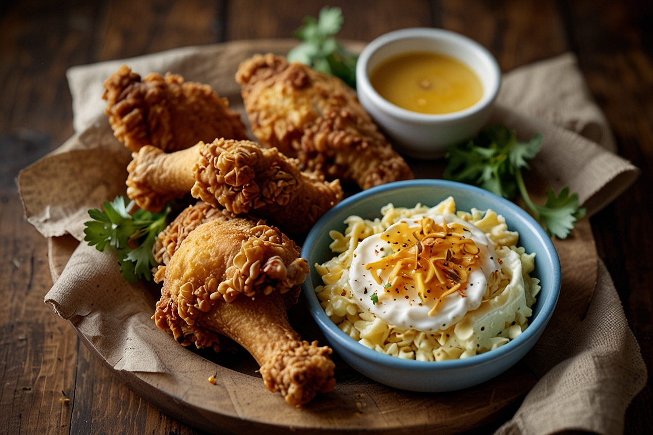 Golden-brown cornflake-coated fried chicken served with mashed potatoes, coleslaw, and a honey mustard dipping sauce