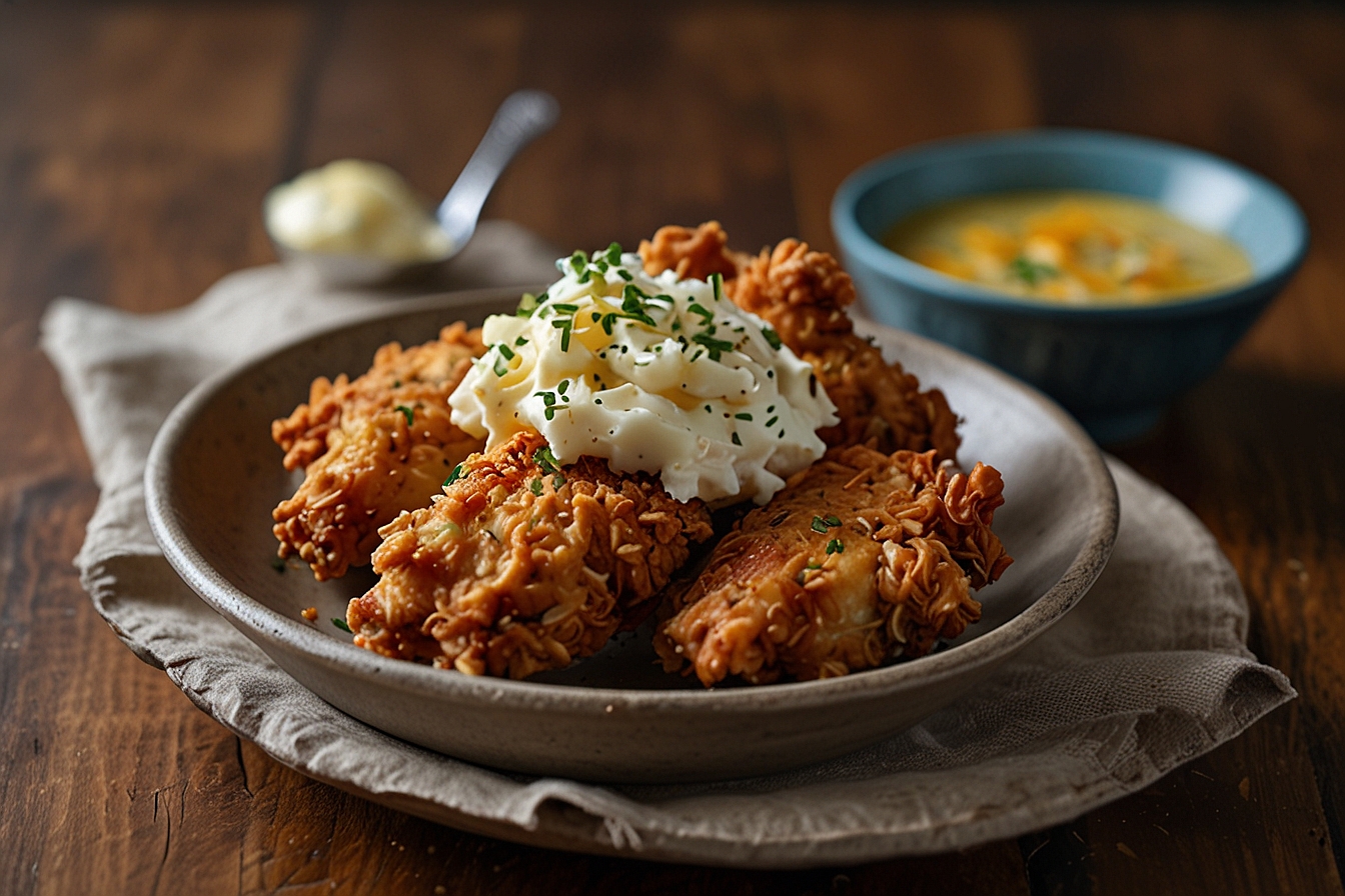 Golden-brown cornflake-coated chicken served with mashed potatoes, coleslaw, and honey mustard dipping sauce